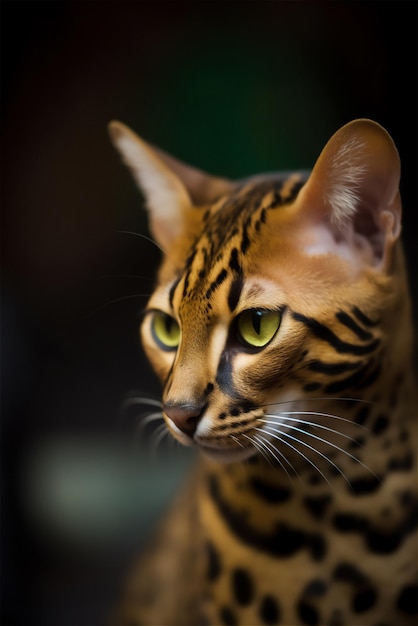 Bel primo piano, stampa di leopardo marrone, contrasto del gatto, illuminazione laterale, vista laterale, ritratto scuro elegante.