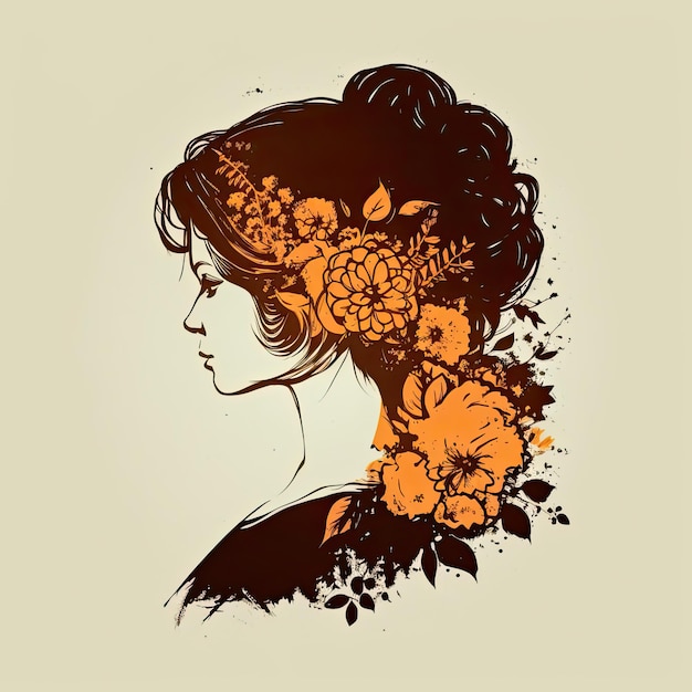Bel profilo femminile Bella donna con un'acconciatura carina con fiori su sfondo chiaro IA generativa