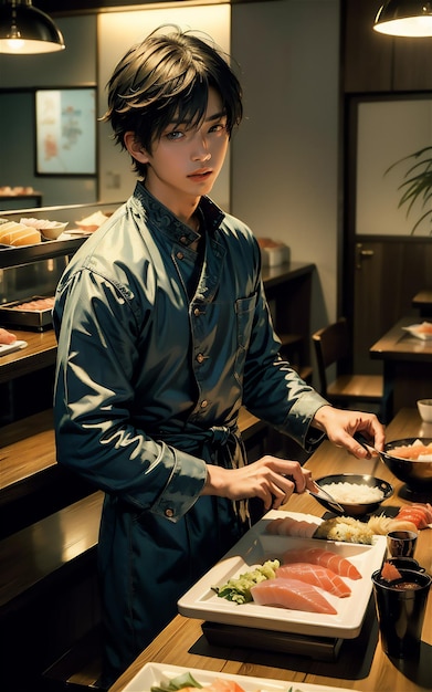 Bel ragazzo asiatico in grembiule che fa sushi e sashimi nel ristorante di sushi