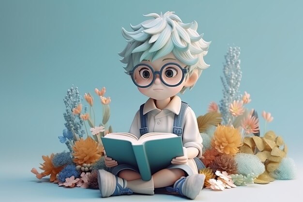 Bel ragazzo con i capelli azzurri con gli occhiali che legge un libro generato in 3d