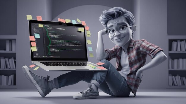 Bel ragazzo giovane con gli occhiali in posa con il suo computer portatile