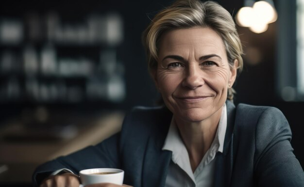 Bel ritratto realistico di una donna d'affari matura sorridente con una tazza di caffè alla scrivania in ufficio