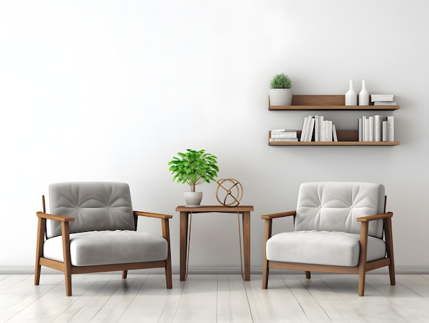 Bel soggiorno con due sedie accanto a uno scaffale di legno di fronte a un muro bianco.