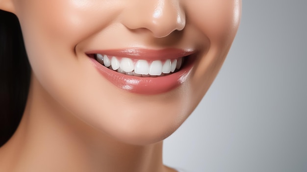 Bel sorriso bianco sano su uno sfondo bianco foto da vicino del viso di una giovane donna