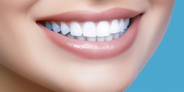 Bel sorriso con denti bianchi e uniformi su uno sfondo chiaro Trattamento dentale IA generativa