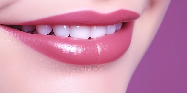 Bel sorriso con denti bianchi e uniformi su uno sfondo rosa brillante trattamento dentale ai generativo