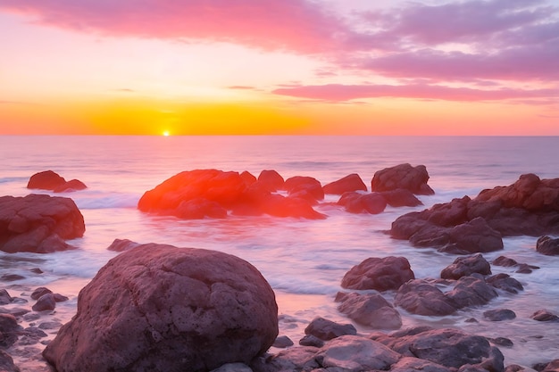 bel tramonto con rocce lungo la spiaggia