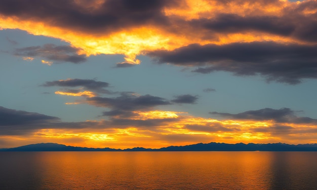 Bel tramonto giallo su un grande lago