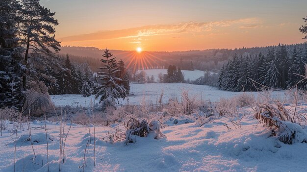 Bel tramonto nella foresta invernale