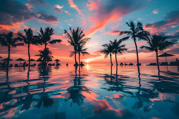 Bel tramonto sopra la piscina con le palme e i raggi del sole