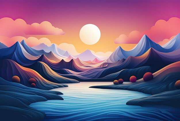 Bel tramonto sul mare e sulle montagne Illustrazione vettoriale colorata