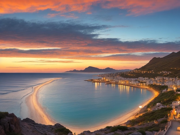 Bel tramonto sulla montagna e sulla spiaggia del mare