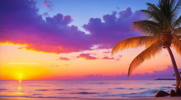 Bel tramonto sulla riva dell'oceano con palme riposano sull'isola Generative AI