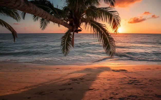 Bel tramonto sulla spiaggia con la palma