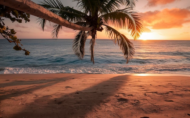 Bel tramonto sulla spiaggia con la palma