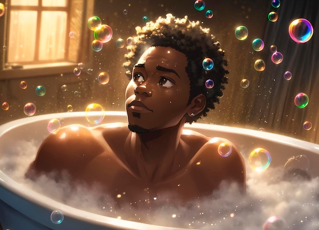 Bel uomo afroamericano in vasca da bagno con bolle di sapone