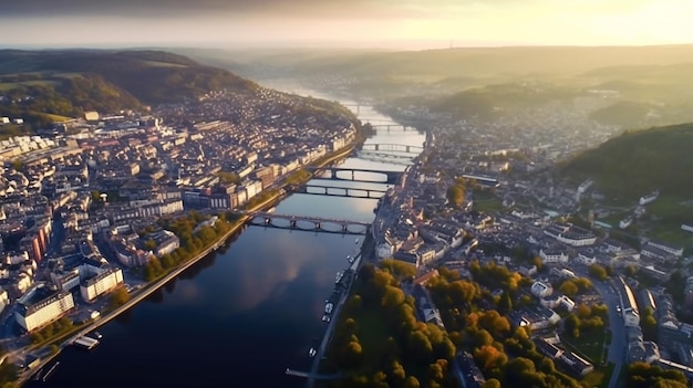 Belgio Vista aerea della confluenza dei fiumi Mosa nel centro della città IA generativa