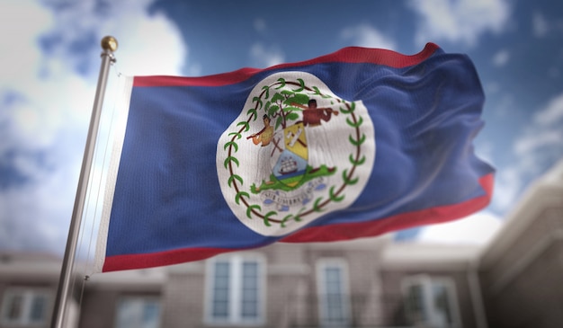 Belize Bandiera Rendering 3D sullo sfondo del cielo blu