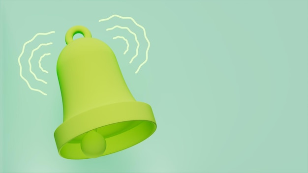 Bell e sfondo verde con segno di avviso social media e tema di comunicazione 3d'illustrazione
