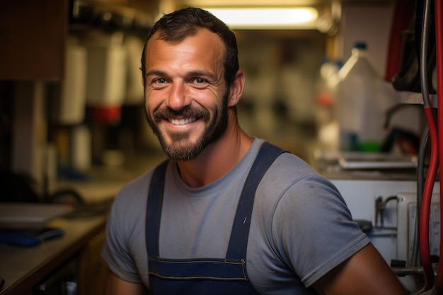 Bell'idraulico maschio sorridente in piedi in cucina Impiegato riparatore tecnico festa del lavoro