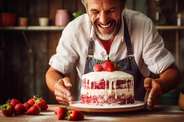 Bell'uomo maturo sta decorando una torta con fragole fresche