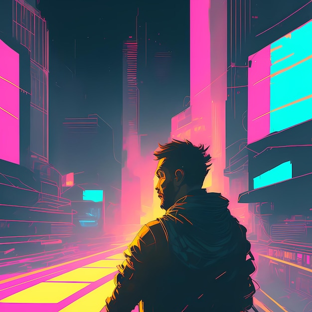Bell'uomo sullo sfondo delle luci della città notturna AI