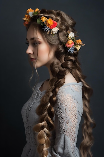 Bella acconciatura intrecciata capelli scuri acconciatura da sposa elegante con fiori Generative Ai