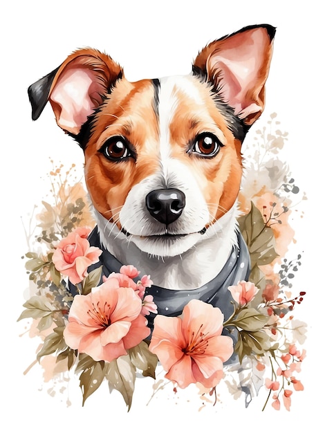 Bella acquerella Jack Russell Terrier cane stampa a ritratto verticale floreale con sfondo bianco