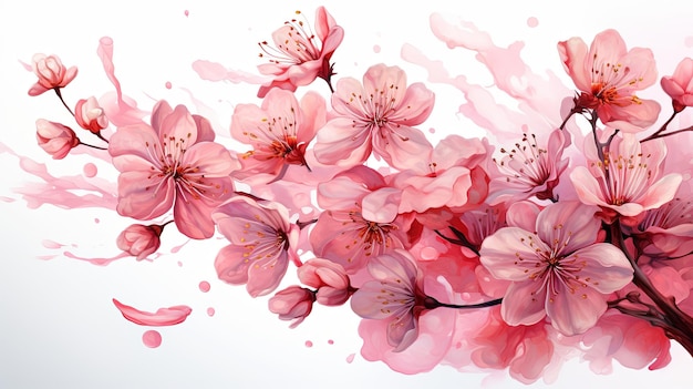 Bella acquerello ramo di fiori di ciliegio e ciliegio sakura illustrazione di fiori rosa isolati su sfondo bianco