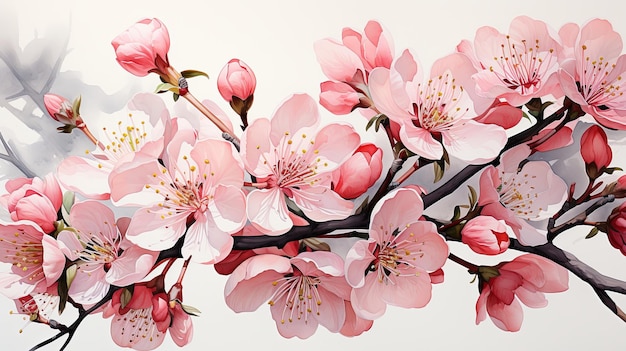 Bella acquerello ramo di fiori di ciliegio e ciliegio sakura illustrazione di fiori rosa isolati su sfondo bianco