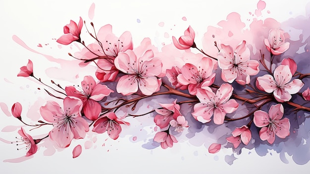 Bella acquerello ramo di fiori di ciliegio e ciliegio sakura illustrazione di fiori rosa isolati su sfondo bianco