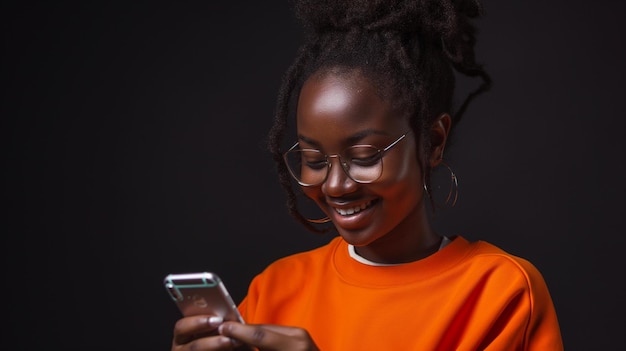 Bella adolescente africana che sorride al telefono con gli occhiali arancione che sorride
