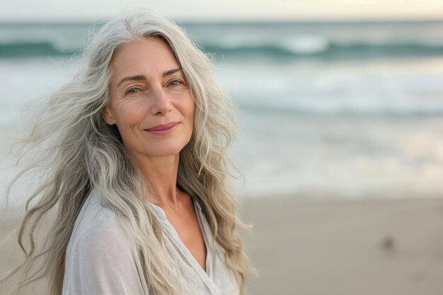 Bella africana anziana donna matura con lunghi capelli grigi che si diverte a passeggiare lungo la spiaggia