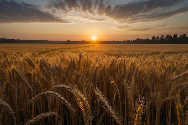 Bella alba d'estate sopra i campi di grano