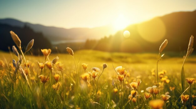 Bella alba nel prato con fiori selvatici sullo sfondo del paesaggio di montagna Generare immagine AI