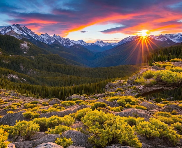 Bella alba sulla valle di montagna bel tramonto in montagna