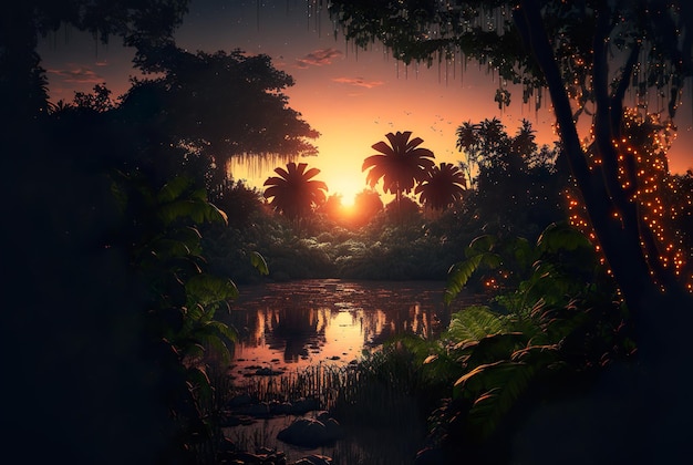 Bella Anime Sunset Scenery ai generativa