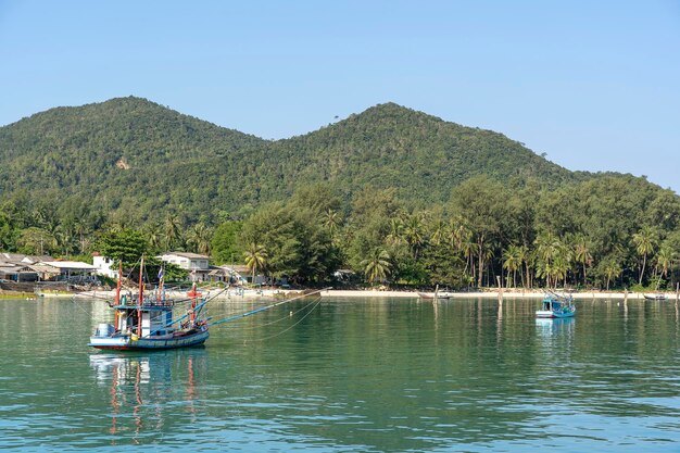 Bella baia con palme e barche Spiaggia tropicale e acqua di mare sull'isola di Koh Phangan Thailandia