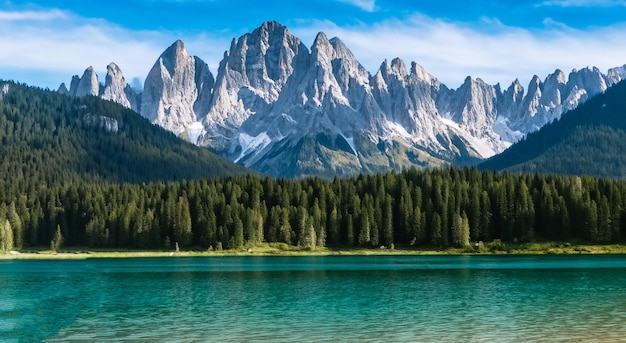 Bella baita con un grande lago e montagne sullo sfondo