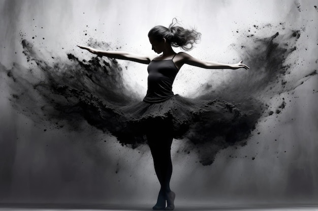 Bella ballerina che balla in studio in polvere magnetica e fumo AI generata