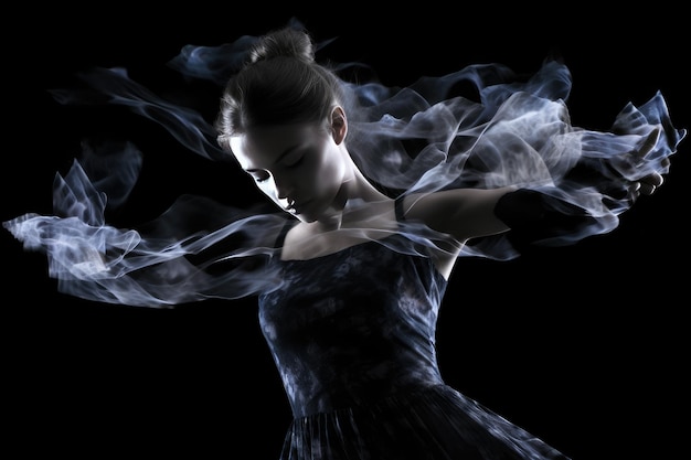 Bella ballerina che balla in studio in polvere magnetica e fumo AI generata