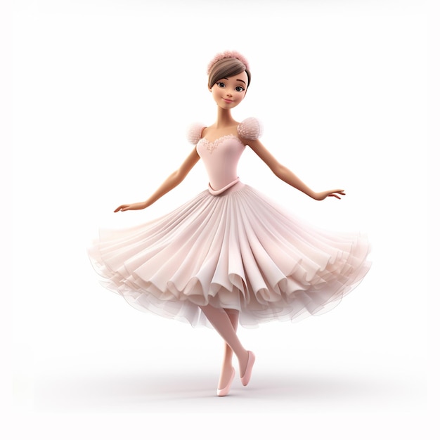 bella ballerina in un vestito in stile cartone animato su uno sfondo bianco 3D