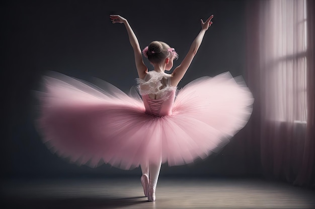 Bella ballerina su uno sfondo rosa. La ballerina indossa un tutu rosa in movimento.