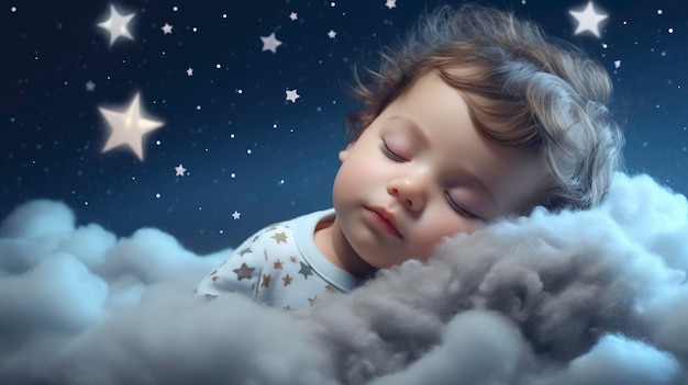 Bella bambina che dorme tra le nuvole circondata da stelle bellissimo rendering 3D