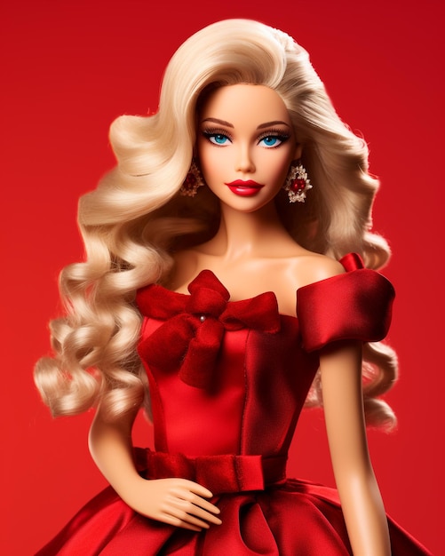 Bella bambola Barbie che indossa un abito di Natale su sfondo rosso