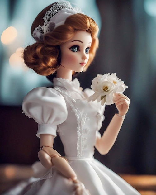Bella bambola da cameriera con un vestito bianco in giardino