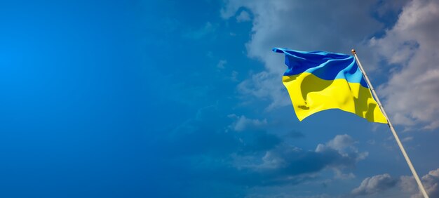 Bella bandiera nazionale dello stato dell'Ucraina sul cielo blu