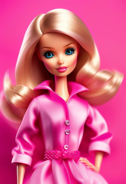 Bella Barbie bionda che indossa un abito rosa su uno sfondo rosa