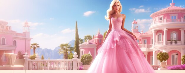 Bella barbie bionda principessa dei cartoni animati in abito davanti all'hotel panorama Generative Ai