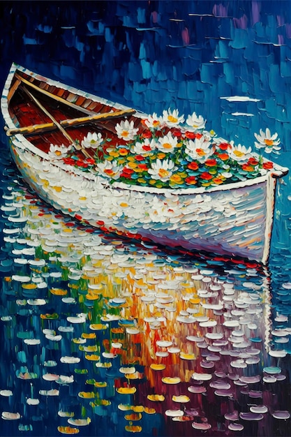 Bella barca a remi moderna pittura a olio impressionista